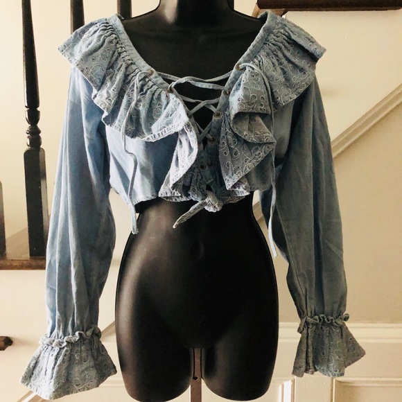 Vintage Tops - Vintage 90s crop lace up top denim bell Chazzz M